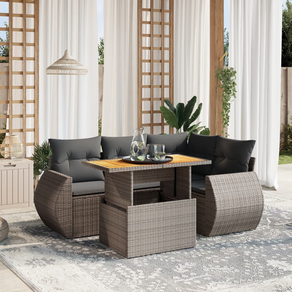 5-tlg. Garten-Sofagarnitur mit Kissen Grau Poly Rattan